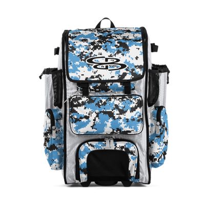 Boombah Rolling Superpack Baseball/Softball Gear Bag - 23-1/2" x 13-1/2" x 9-1/2" - Digital Camo White/Columbia Blue - Telescopic Handle - Holds 4 Bats - Wheeled Version
