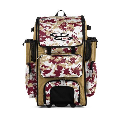 Boombah Rolling Superpack Baseball/Softball Gear Bag - 23-1/2" x 13-1/2" x 9-1/2" - Digital Camo Vegas Gold/Cardinal - Telescopic Handle - Holds 4 Bats - Wheeled Version