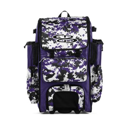 Boombah Rolling Superpack Baseball/Softball Gear Bag - 23-1/2" x 13-1/2" x 9-1/2" - Digital Camo Purple/Black - Telescopic Handle - Holds 4 Bats - Wheeled Version