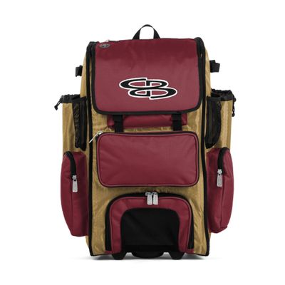 Boombah Rolling Superpack Baseball/Softball Gear Bag - 23-1/2" x 13-1/2" x 9-1/2" - Vegas Gold/Cardinal - Telescopic Handle - Holds 4 Bats - Wheeled Version