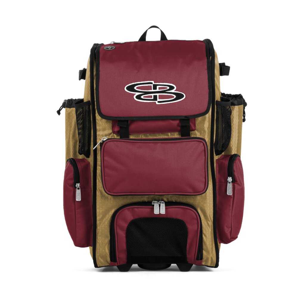Boombah Rolling Superpack Baseball/Softball Gear Bag - 23-1/2" x 13-1/2" x 9-1/2" - Vegas Gold/Cardinal - Telescopic Handle - Holds 4 Bats - Wheeled Version