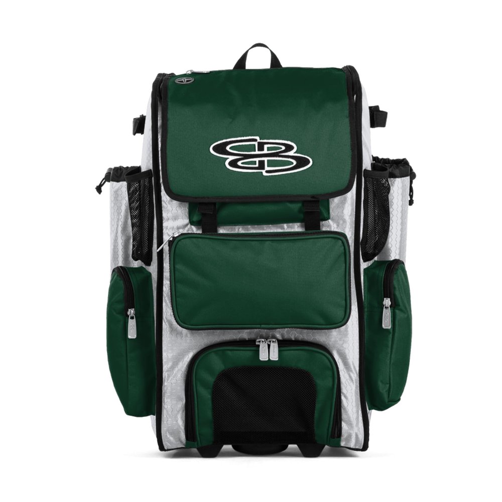 Boombah Rolling Superpack Baseball/Softball Gear Bag - 23-1/2" x 13-1/2" x 9-1/2" - White/Dark Green - Telescopic Handle - Holds 4 Bats - Wheeled Version