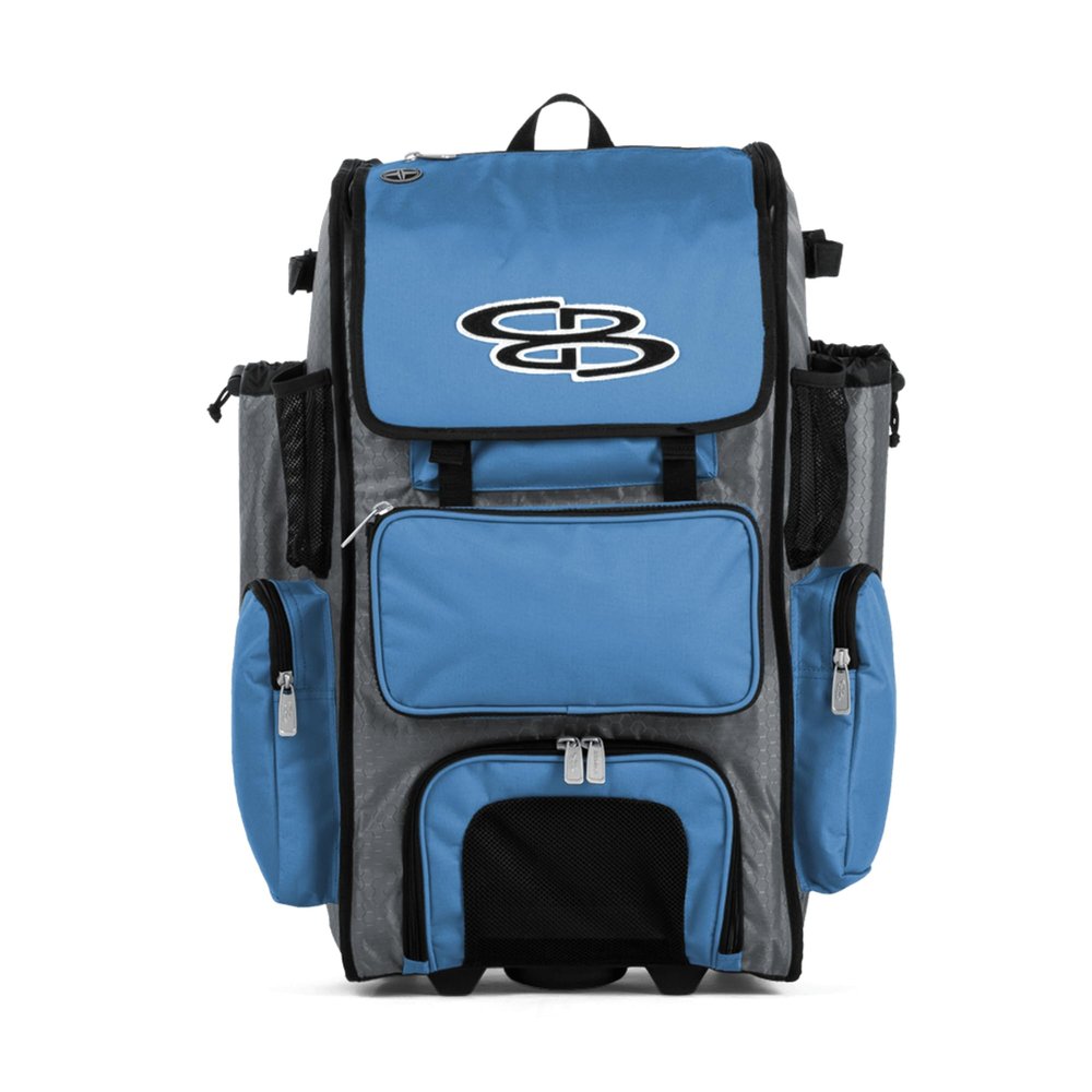 Boombah Rolling Superpack Baseball/Softball Gear Bag - 23-1/2" x 13-1/2" x 9-1/2" - Gray/Columbia Blue - Telescopic Handle - Holds 4 Bats - Wheeled Version