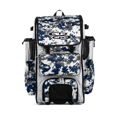 Boombah Rolling Superpack Baseball/Softball Gear Bag - 23-1/2" x 13-1/2" x 9-1/2" - Digital Camo White/Navy - Telescopic Handle - Holds 4 Bats - Wheeled Version