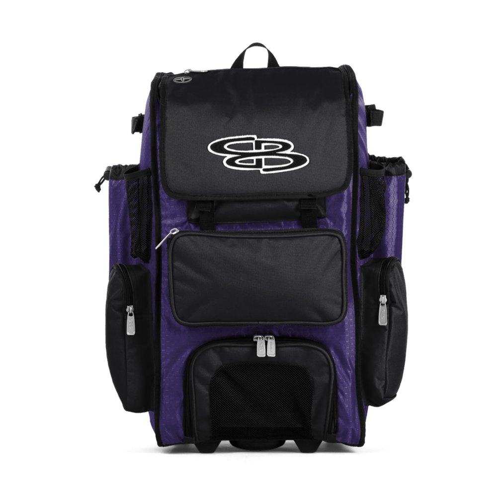 Boombah Rolling Superpack Baseball/Softball Gear Bag - 23-1/2" x 13-1/2" x 9-1/2" - Purple/Black - Telescopic Handle - Holds 4 Bats - Wheeled Version