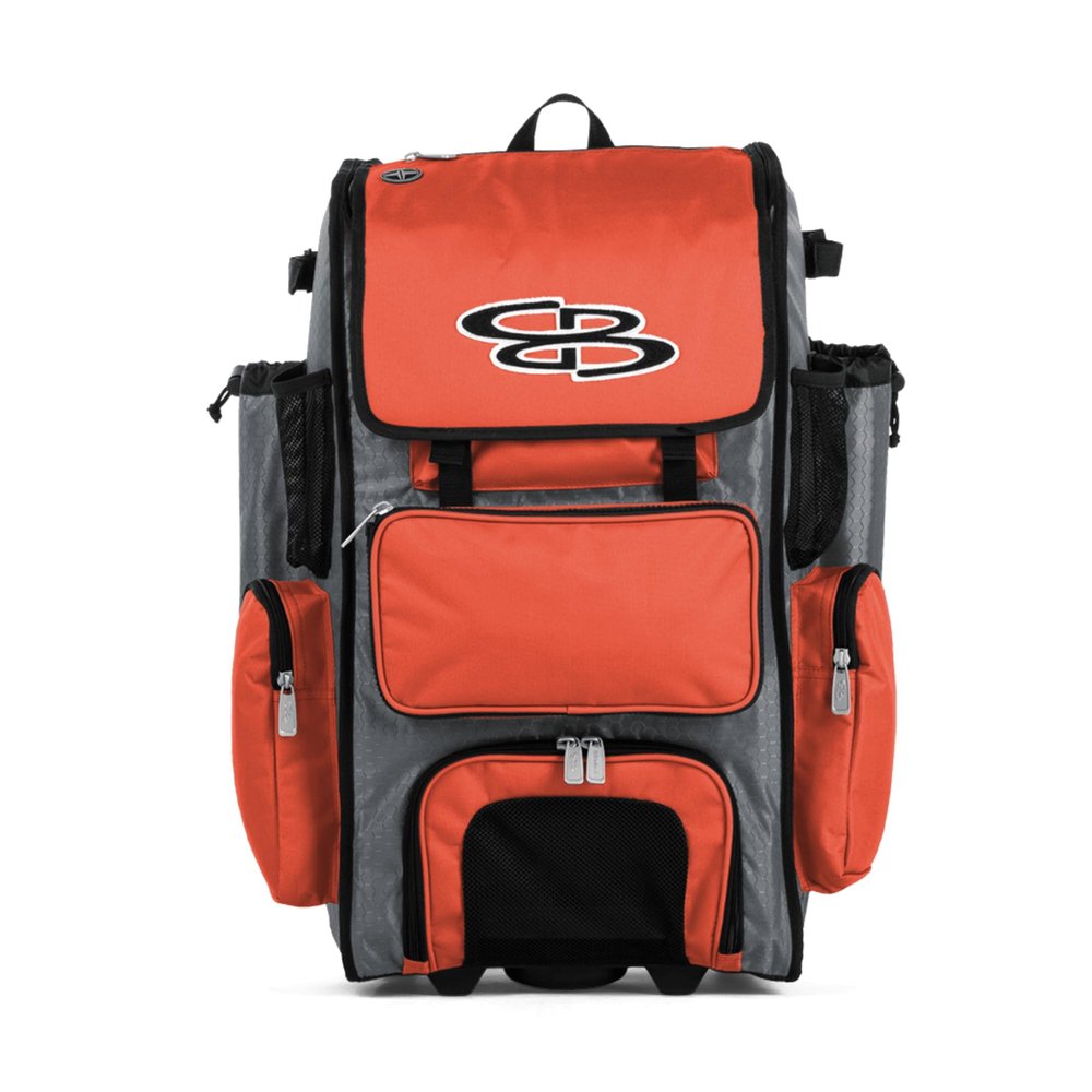 Boombah Rolling Superpack Baseball/Softball Gear Bag - 23-1/2" x 13-1/2" x 9-1/2" - Gray/Orange - Telescopic Handle - Holds 4 Bats - Wheeled Version