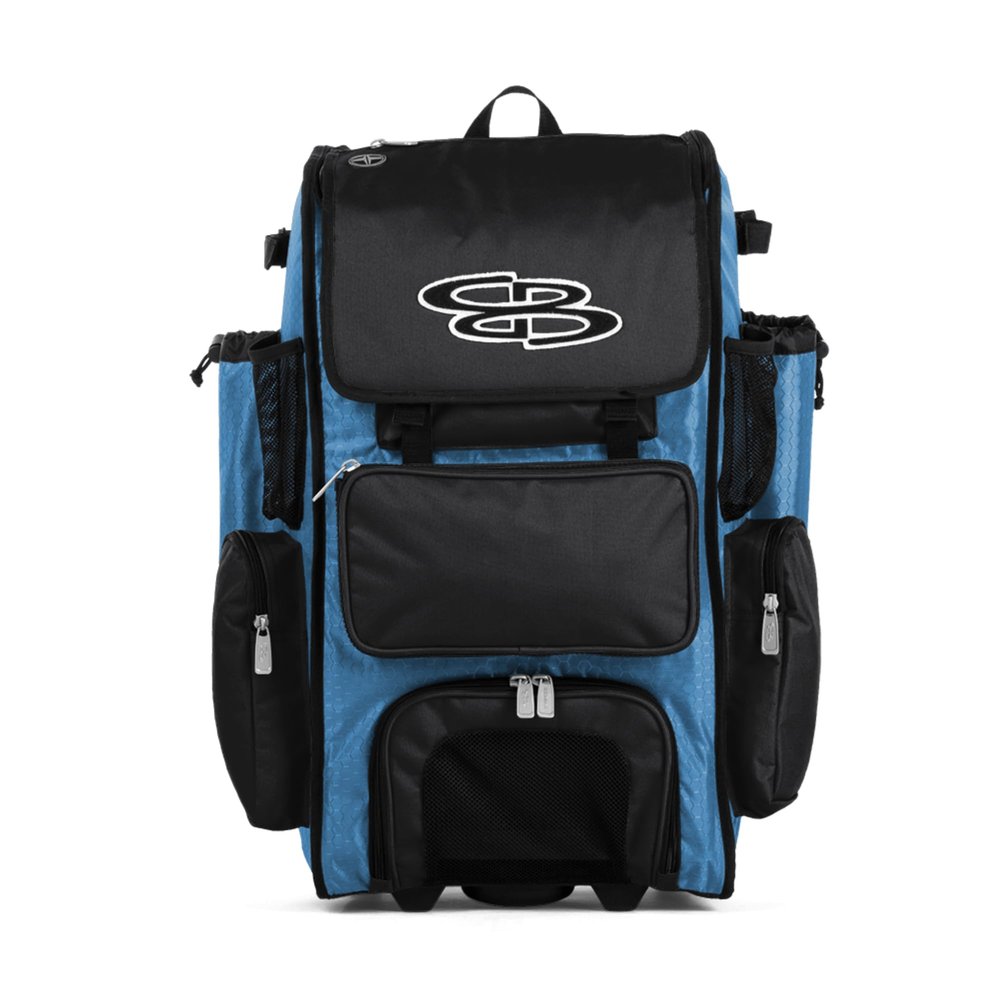 Boombah Rolling Superpack Baseball/Softball Gear Bag - 23-1/2" x 13-1/2" x 9-1/2" - Columbia Blue/Black - Telescopic Handle - Holds 4 Bats - Wheeled Version