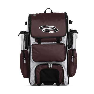 Boombah Rolling Superpack Baseball/Softball Gear Bag - 23-1/2" x 13-1/2" x 9-1/2" - White/Maroon - Telescopic Handle - Holds 4 Bats - Wheeled Version