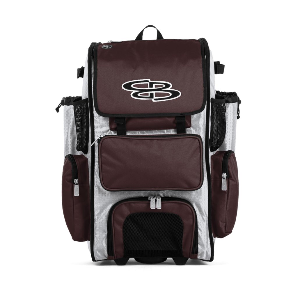 Boombah Rolling Superpack Baseball/Softball Gear Bag - 23-1/2" x 13-1/2" x 9-1/2" - White/Maroon - Telescopic Handle - Holds 4 Bats - Wheeled Version