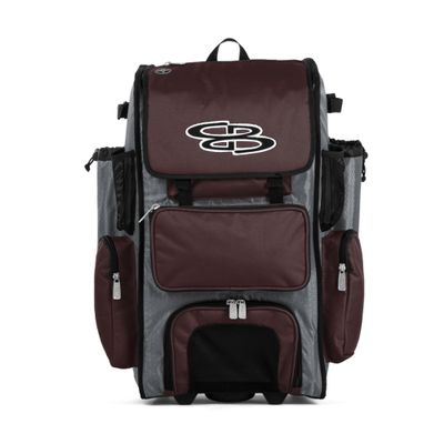 Boombah Rolling Superpack Baseball/Softball Gear Bag - 23-1/2" x 13-1/2" x 9-1/2" - Gray/Maroon - Telescopic Handle - Holds 4 Bats - Wheeled Version