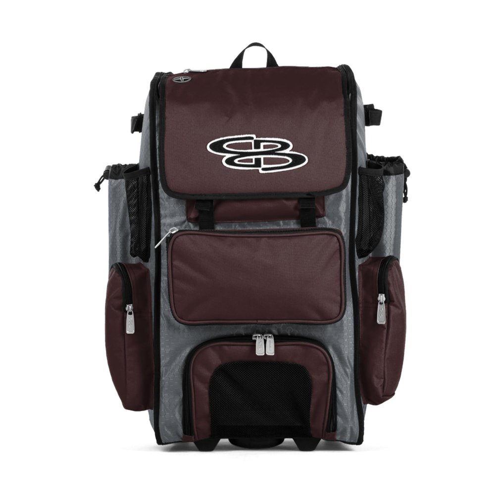 Boombah Rolling Superpack Baseball/Softball Gear Bag - 23-1/2" x 13-1/2" x 9-1/2" - Gray/Maroon - Telescopic Handle - Holds 4 Bats - Wheeled Version
