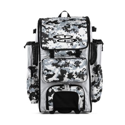 Boombah Rolling Superpack Baseball/Softball Gear Bag - 23-1/2" x 13-1/2" x 9-1/2" - Digital Camo White/Black - Telescopic Handle - Holds 4 Bats - Wheeled Version