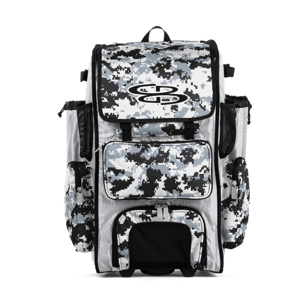 Boombah Rolling Superpack Baseball/Softball Gear Bag - 23-1/2" x 13-1/2" x 9-1/2" - Digital Camo White/Black - Telescopic Handle - Holds 4 Bats - Wheeled Version