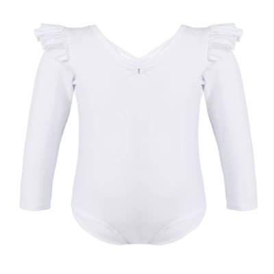 Agoky Kids Girls Gymnastic Dance Leotard Long Sleeve Ruffle Shoulder Crisscross Hollow Back Ballet Dance Outfits White 7-8 Years