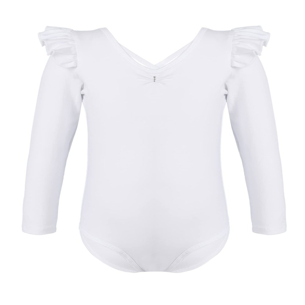 Agoky Kids Girls Gymnastic Dance Leotard Long Sleeve Ruffle Shoulder Crisscross Hollow Back Ballet Dance Outfits White 7-8 Years