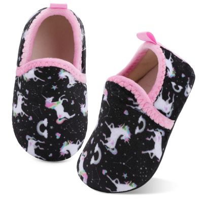 XIHALOOK Toddler Boys Girls Slip on House Slippers Comfty Warm Indoor Shoes Socks with Grippers Black Horse, 8.5-9 Toddler