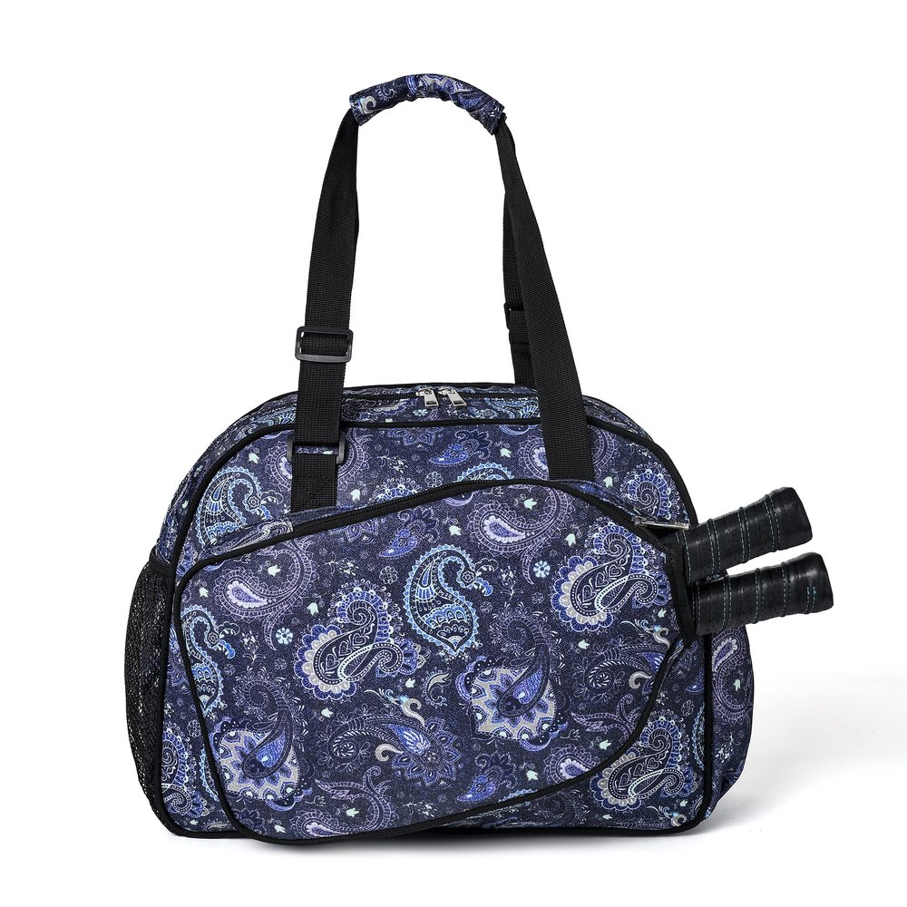 Boulder Bee | Premium Pickleball Bags | PickleBall Tote Bag for Women | Womens Hand/Shoulder Gym Bag w Water Bottle Holder | With Racquet/Paddle Holder (Blue cashew flower)