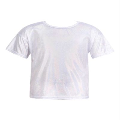 Agoky Kids Girls Metallic Hip Hop Jazz Dance Top Long/Short Sleeve T-Shirt Tops Fashion Loose Fit Dance Performance Costume Silver_B 5-6 Years