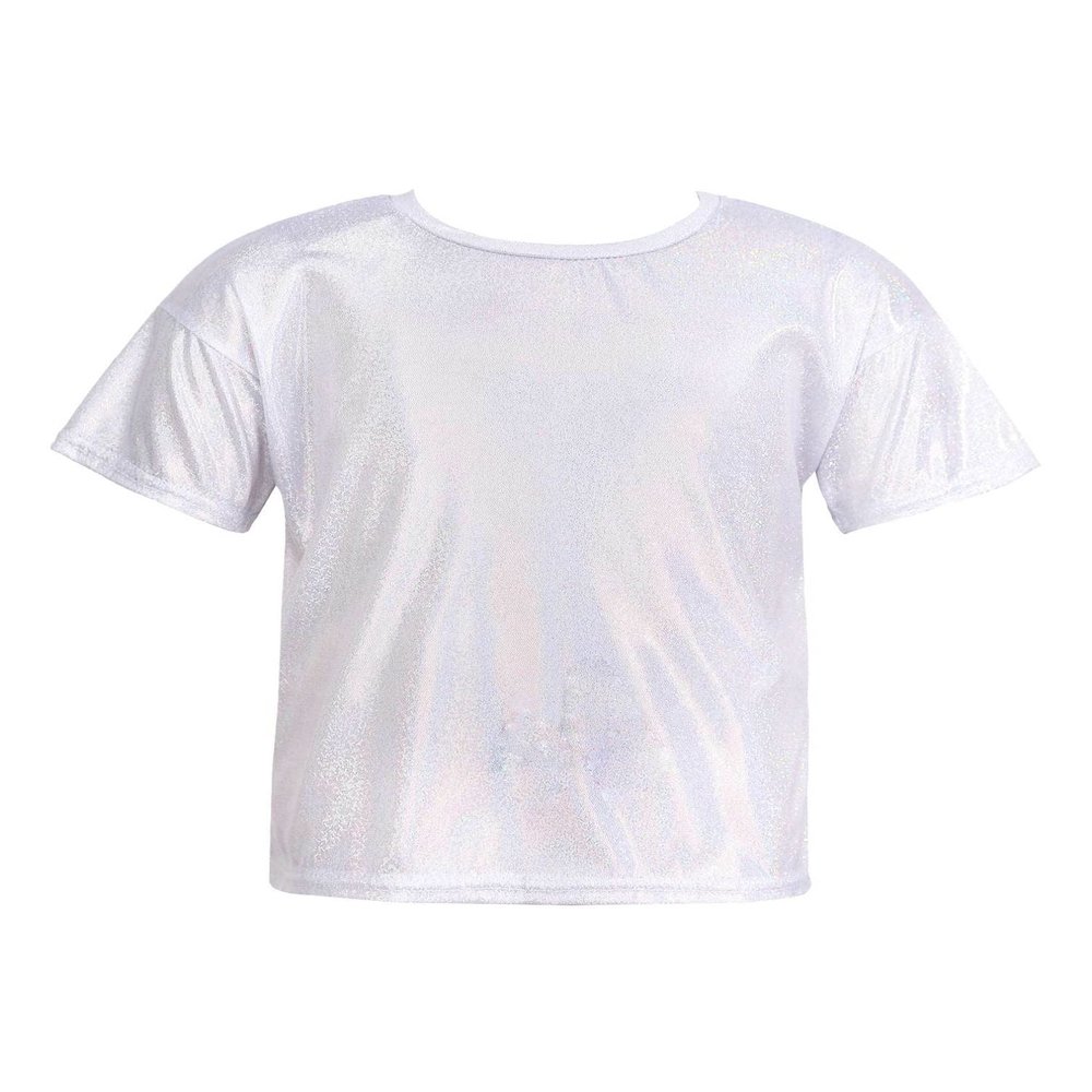 Agoky Kids Girls Metallic Hip Hop Jazz Dance Top Long/Short Sleeve T-Shirt Tops Fashion Loose Fit Dance Performance Costume Silver_B 5-6 Years