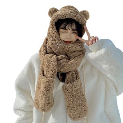 Women Girls 3-in-1 Bear Hooded Scarf Warm Plush Mitten Scarf Set Furry Animal Ear Hat Thick Long Scarf with Pocket Gloves