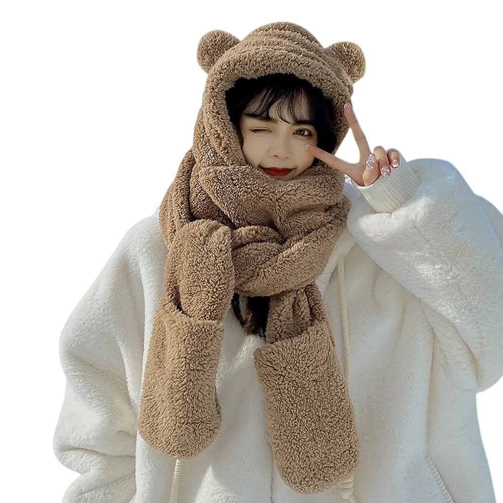 Women Girls 3-in-1 Bear Hooded Scarf Warm Plush Mitten Scarf Set Furry Animal Ear Hat Thick Long Scarf with Pocket Gloves