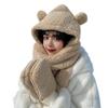 Women Girls 3-in-1 Bear Hooded Scarf Warm Plush Mitten Scarf Set Furry Animal Ear Hat Thick Long Scarf with Pocket Gloves view 1