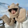Women Girls 3-in-1 Bear Hooded Scarf Warm Plush Mitten Scarf Set Furry Animal Ear Hat Thick Long Scarf with Pocket Gloves view 2
