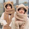 Women Girls 3-in-1 Bear Hooded Scarf Warm Plush Mitten Scarf Set Furry Animal Ear Hat Thick Long Scarf with Pocket Gloves view 3