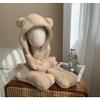 Women Girls 3-in-1 Bear Hooded Scarf Warm Plush Mitten Scarf Set Furry Animal Ear Hat Thick Long Scarf with Pocket Gloves view 4