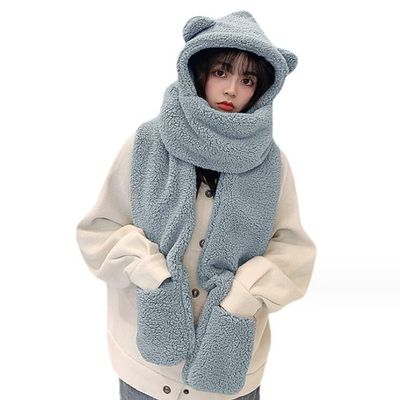 Women Girls 3-in-1 Bear Hooded Scarf Warm Plush Mitten Scarf Set Furry Animal Ear Hat Thick Long Scarf with Pocket Gloves
