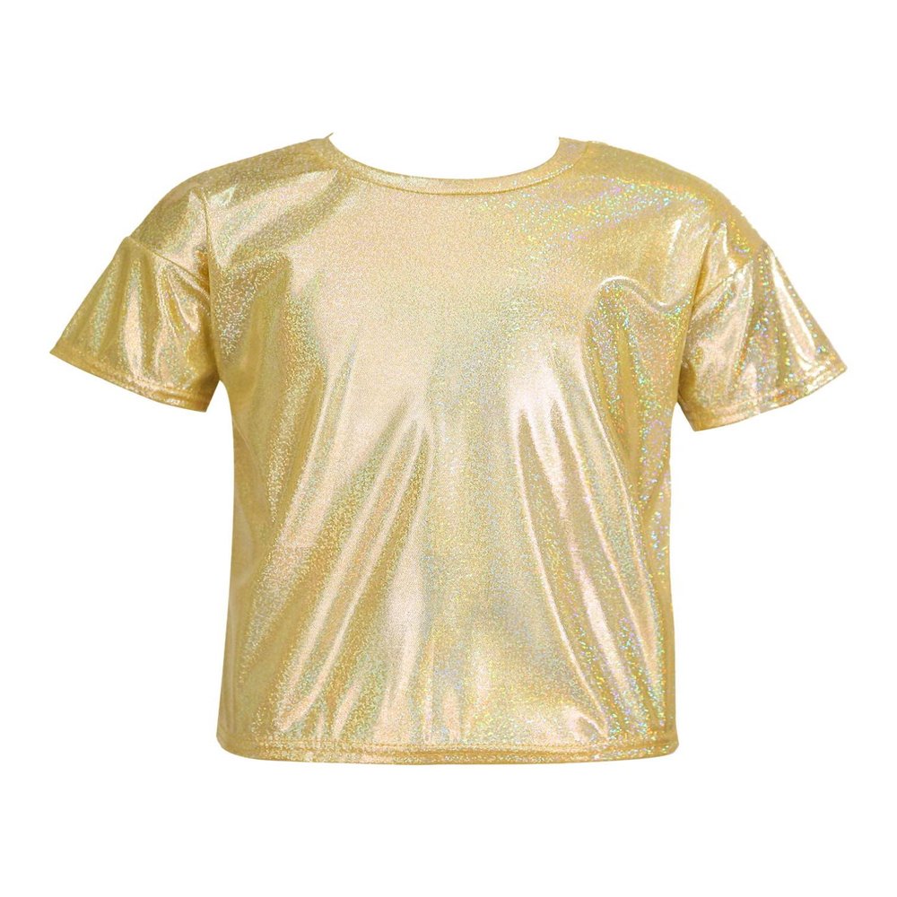 Agoky Kids Girls Metallic Hip Hop Jazz Dance Top Long/Short Sleeve T-Shirt Tops Fashion Loose Fit Dance Performance Costume Gold_B 3-4 Years