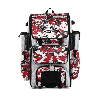 Boombah Rolling Superpack Baseball/Softball Gear Bag - 23-1/2" x 13-1/2" x 9-1/2" - Digital Camo White/Red - Telescopic Handle - Holds 4 Bats - Wheeled Version