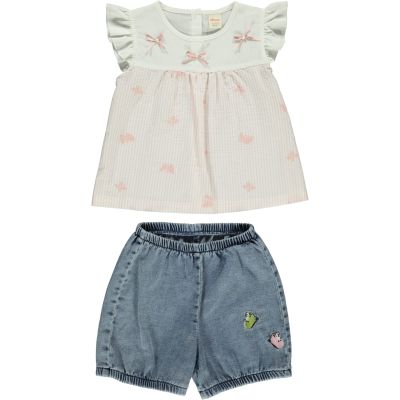 Baby Girl 2-Piece Top and Denim Shorts Set, Toddler Girl 100% Cotton Clothing Outfit and Gift Set (White, 12-18 Months)