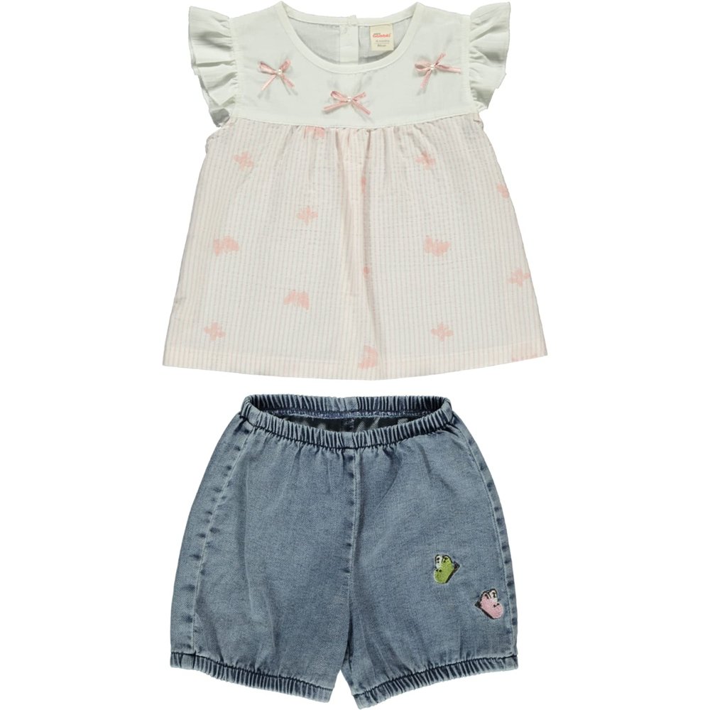 Baby Girl 2-Piece Top and Denim Shorts Set, Toddler Girl 100% Cotton Clothing Outfit and Gift Set (White, 12-18 Months)