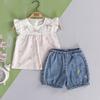 Baby Girl 2-Piece Top and Denim Shorts Set, Toddler Girl 100% Cotton Clothing Outfit and Gift Set (White, 12-18 Months) view 2