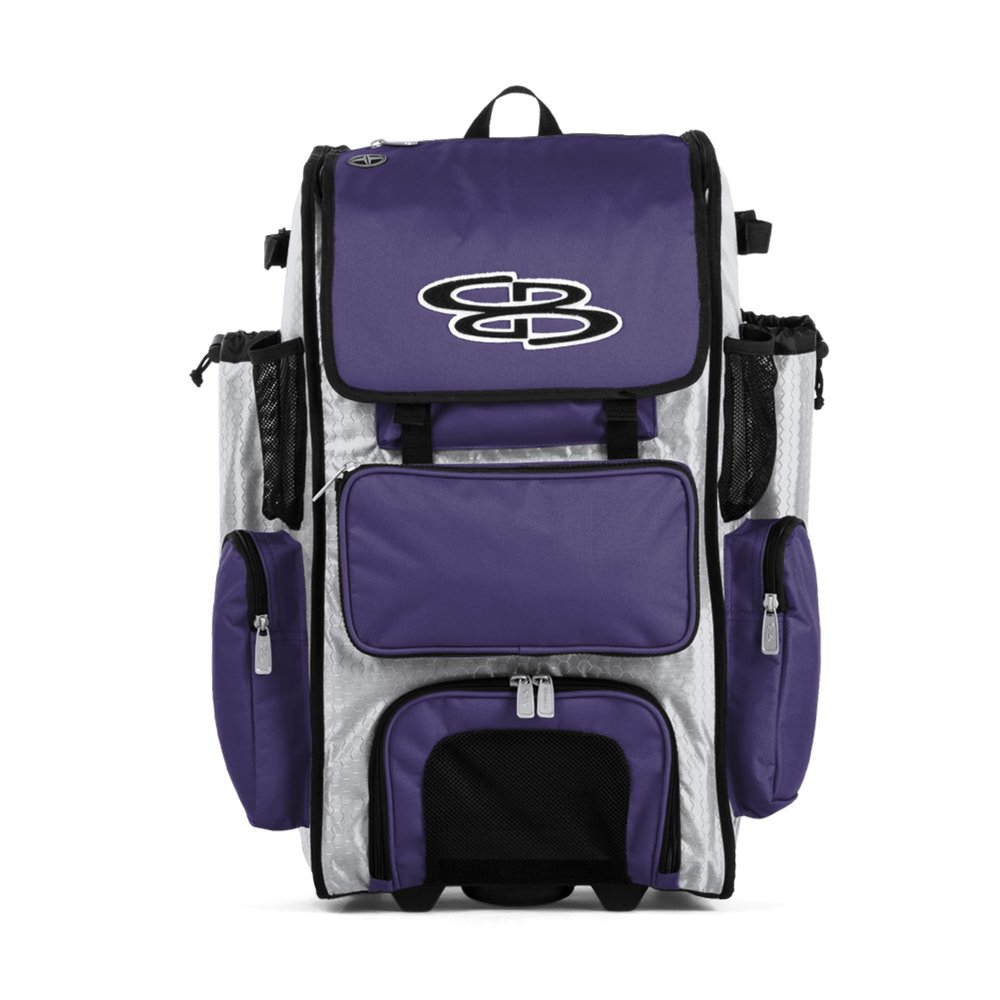 Boombah Rolling Superpack Baseball/Softball Gear Bag - 23-1/2" x 13-1/2" x 9-1/2" - White/Purple - Telescopic Handle - Holds 4 Bats - Wheeled Version