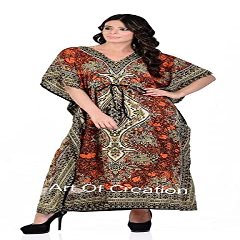 Art Of Creation Women Kaftan Dress Tunic Long Maxi Plus Size Night Gown Polyester Printed Caftan Beach Cover Up Party Kimono Nightdress (Orange)