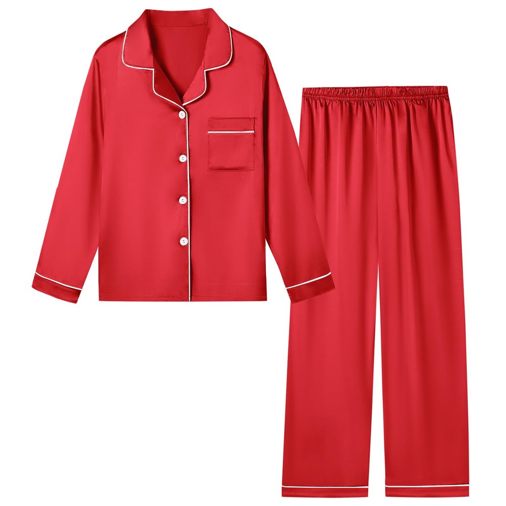 Schbbbta Girls Pajamas Set, Satin Silk Soft Long Sleeve Button Up Shirt Pants Sleepwear Set 2Pcs Loungewear Homewear Pjs for Kids, Christmas Red, 5-6 Years = Tag 130