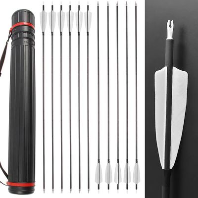 ZSHJGJR 34 Archery Carbon Arrows Hunting Arrows with 4 Turkey Feathers Targeting Practice Arrows Spine 400 for Compound & Recurve & Traditional Bow 6/12pcs (12pcs + Arrow Quiver Tube)