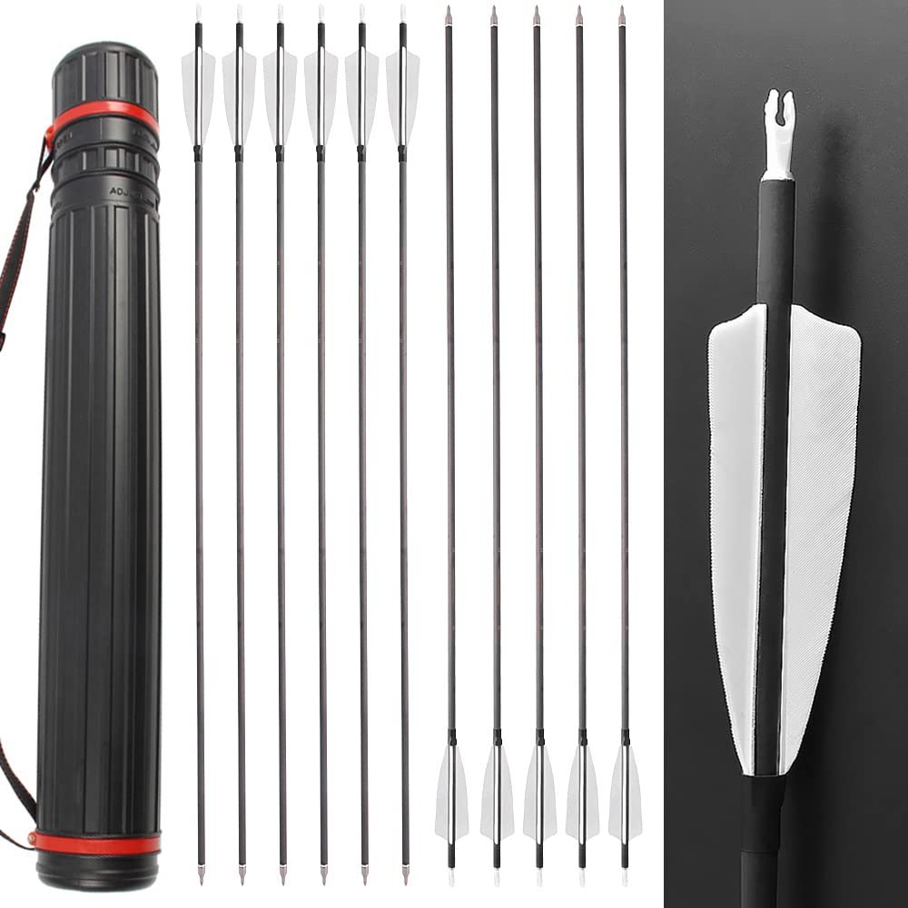 ZSHJGJR 34 Archery Carbon Arrows Hunting Arrows with 4 Turkey Feathers Targeting Practice Arrows Spine 400 for Compound & Recurve & Traditional Bow 6/12pcs (12pcs + Arrow Quiver Tube)