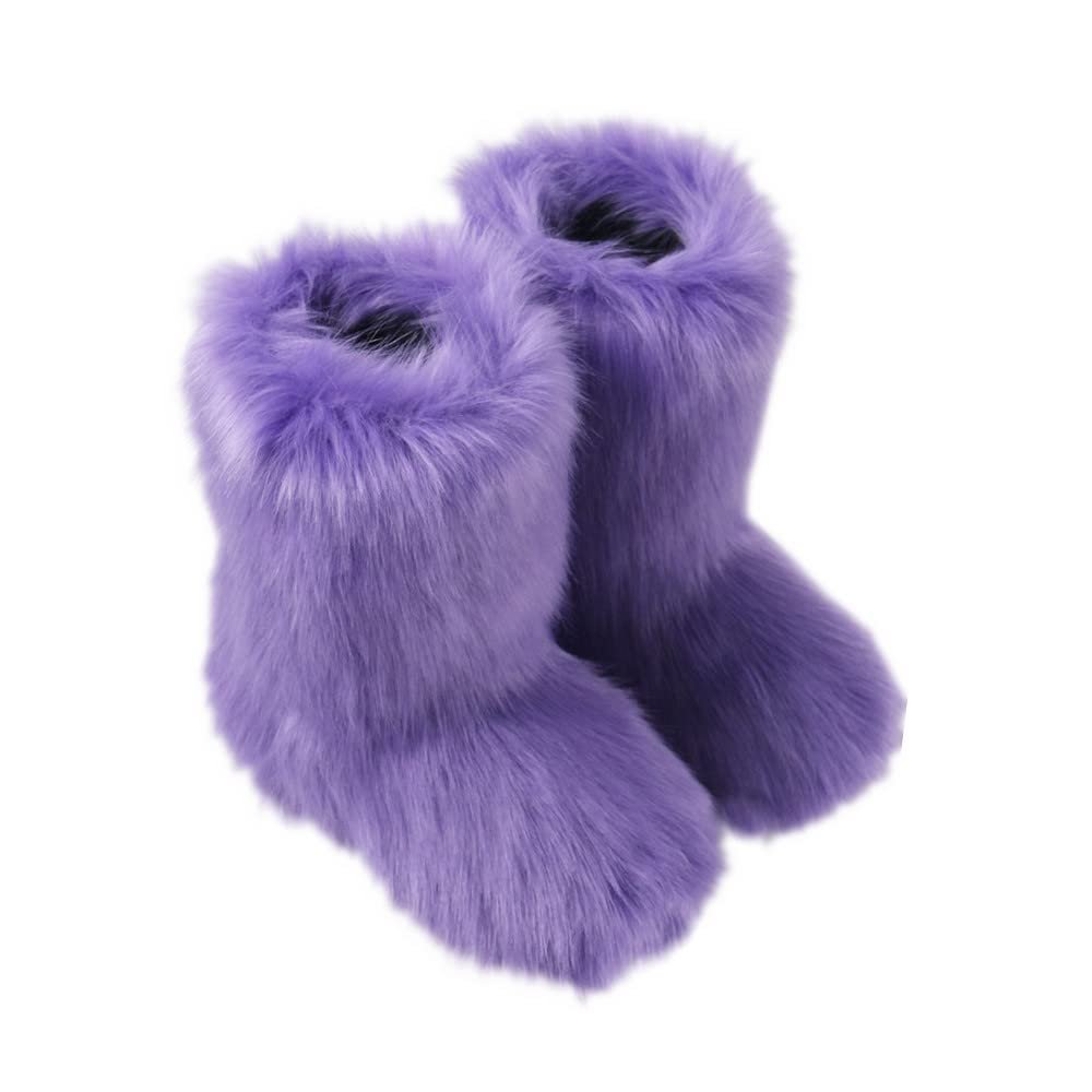 Gegefur Girls Boys Kids Faux Fur Boots Furry Fuzzy Fluffy Warm Winter Snow Boots Flat Shoes Outdoor (Purple, 11)