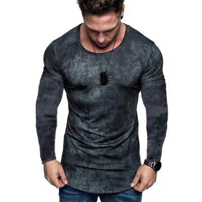 Rela Bota Mens Long Sleeve Muscle T-Shirt Fashion Tie dye Tactical Workout Training Casual Crew Neck XL Grey