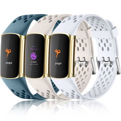 Maledan Sport Band Compatible with Fitbit Charge 6 Band/Charge 5 Bands for Women Men, Soft Waterproof Replacement Wristbands Breathable Charge 5/ Charge 6 Strap Accessories, Blue/White/Lunar White