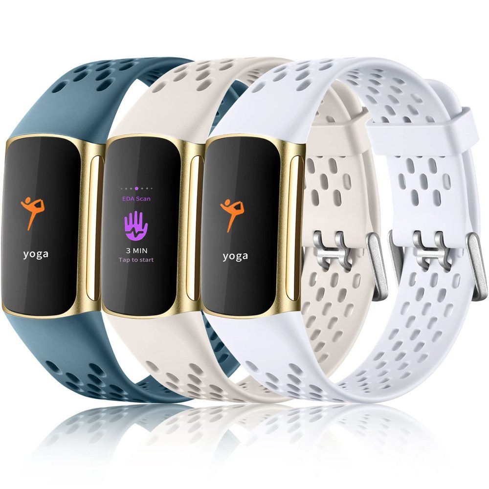 Maledan Sport Band Compatible with Fitbit Charge 6 Band/Charge 5 Bands for Women Men, Soft Waterproof Replacement Wristbands Breathable Charge 5/ Charge 6 Strap Accessories, Blue/White/Lunar White