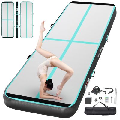 FBSPORT 13ft Inflatable Air Gymnastics Mat Training Mats 4 inches Thickness Gymnastics Tracks for Home Use/Training/Cheerleading/Yoga/Water with Pump Black Green