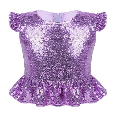 Manyakai Kids Girls Sequins Ruffled Sleeves T-Shirts Top Peplum Shirts Modern Dance Crop Tops Lavender 12 Years