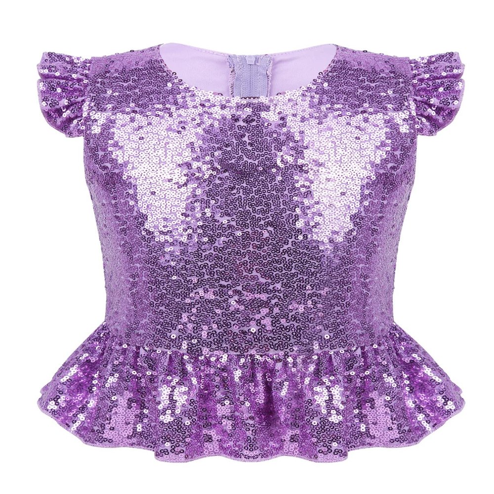 Manyakai Kids Girls Sequins Ruffled Sleeves T-Shirts Top Peplum Shirts Modern Dance Crop Tops Lavender 12 Years