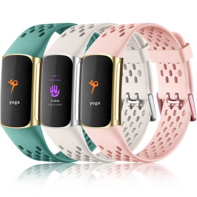 Maledan Compatible with Fitbit Charge 5/Charge 6 Bands Women Men, Breathable Sport Band Waterproof Wristbands Replacement Strap for Fitbit Charge 5/ Charge 6 Accessories, Pink/Pine Green/Lunar White