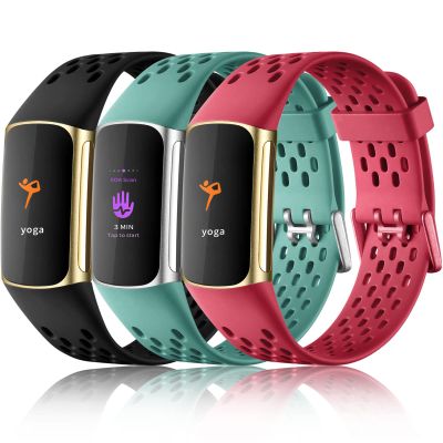 Maledan Bands Compatible with Fitbit Charge 5/ Charge 6 Band Women Men, Soft Waterproof Sport Replacement Band for Fitbit Charge 5/ Charge 6 Wristbands, Black/Pine Green/Red