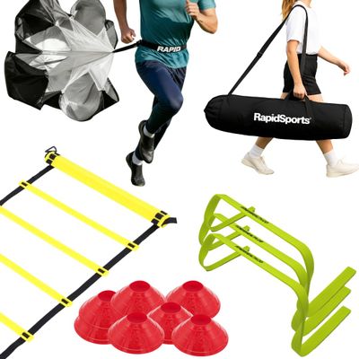 Fitness Health - Speed & Agility Athlete Training Set, Speed Chute, Hurdles, Agility Ladder and Sports Cones, Metal Pegs & Carrying Bag